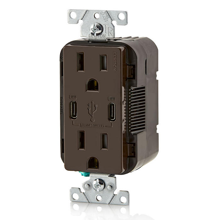 Leviton USB Dual Type C/C Non-PD Wall Outlet Charger With 15A Tamper-Resistant Outlet Brown (T5637-B)
