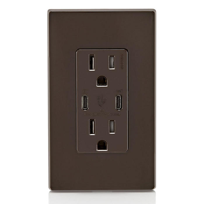 Leviton USB Dual Type C/C Non-PD Wall Outlet Charger With 15A Tamper-Resistant Outlet Brown (T5637-B)