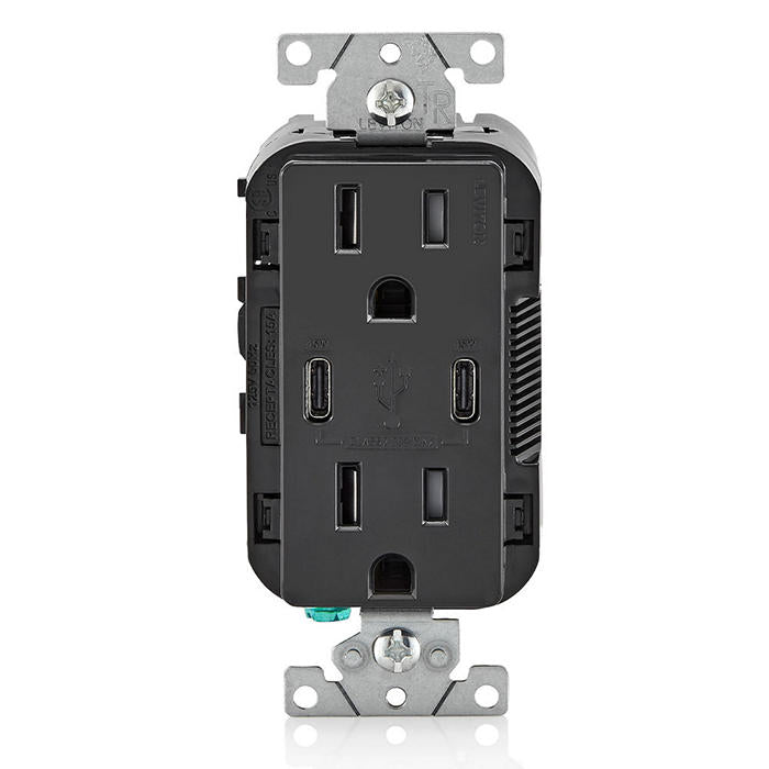 Leviton USB Dual Type C/C Non-PD Wall Outlet Charger With 15A Tamper-Resistant Outlet Black (T5637-E)