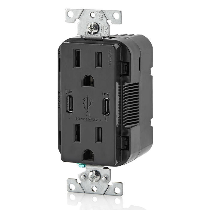 Leviton USB Dual Type C/C Non-PD Wall Outlet Charger With 15A Tamper-Resistant Outlet Black (T5637-E)