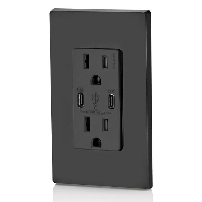 Leviton USB Dual Type C/C Non-PD Wall Outlet Charger With 15A Tamper-Resistant Outlet Black (T5637-E)
