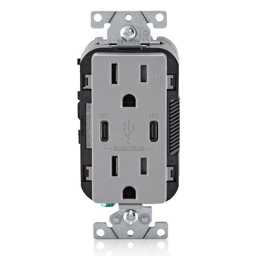 Leviton 30W USB Dual Type C/C Non-PD Wall Outlet Charger With 15A Tamper-Resistant Outlet Gray (T5637-G)