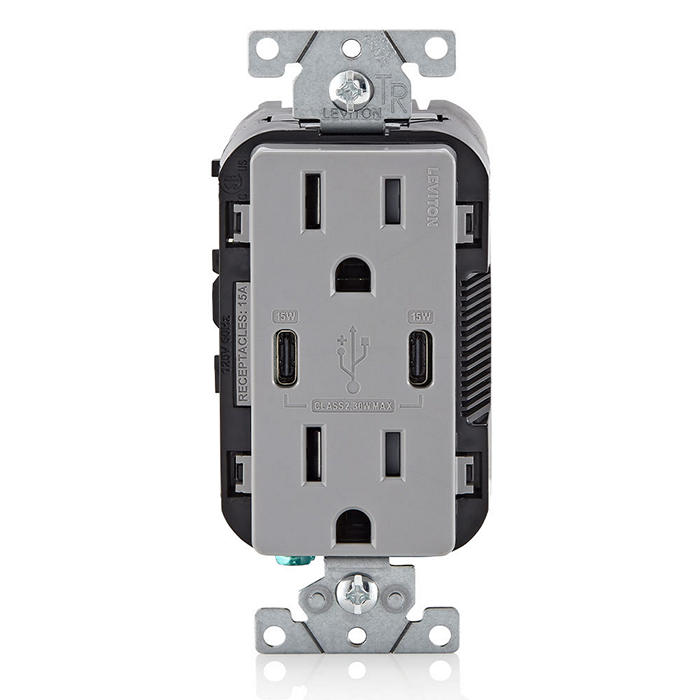 Leviton 30W USB Dual Type C/C Non-PD Wall Outlet Charger With 15A Tamper-Resistant Outlet Gray (T5637-G)