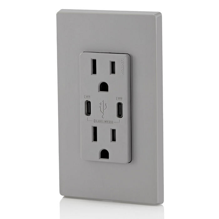 Leviton 30W USB Dual Type C/C Non-PD Wall Outlet Charger With 15A Tamper-Resistant Outlet Gray (T5637-G)