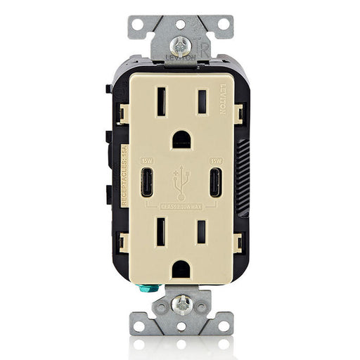Leviton 30W USB Dual Type C/C Non-PD Wall Outlet Charger With 15A Tamper-Resistant Outlet Ivory (T5637-I)