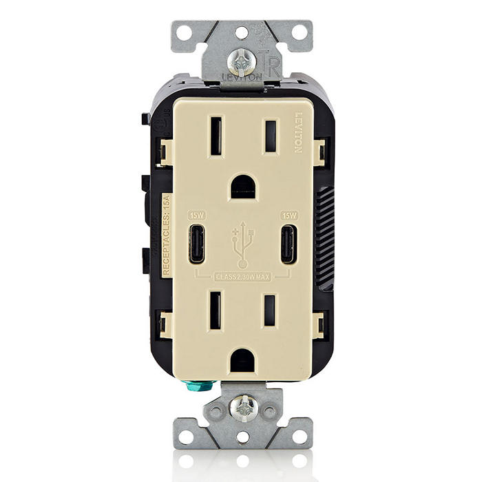 Leviton 30W USB Dual Type C/C Non-PD Wall Outlet Charger With 15A Tamper-Resistant Outlet Ivory (T5637-I)