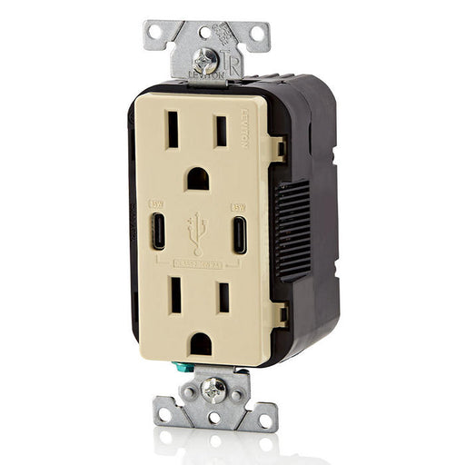 Leviton 30W USB Dual Type C/C Non-PD Wall Outlet Charger With 15A Tamper-Resistant Outlet Ivory (T5637-I)