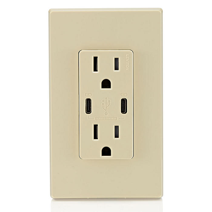Leviton 30W USB Dual Type C/C Non-PD Wall Outlet Charger With 15A Tamper-Resistant Outlet Ivory (T5637-I)