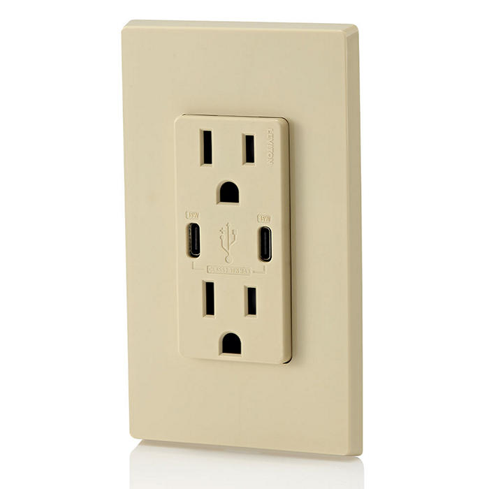 Leviton 30W USB Dual Type C/C Non-PD Wall Outlet Charger With 15A Tamper-Resistant Outlet Ivory (T5637-I)