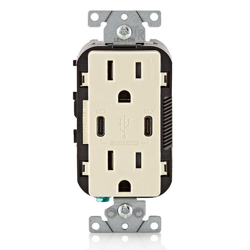 Leviton 30W USB Dual Type C/C Non-PD Wall Outlet Charger With 15A Tamper-Resistant Outlet Light Almond (T5637-T)