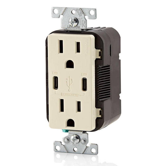 Leviton 30W USB Dual Type C/C Non-PD Wall Outlet Charger With 15A Tamper-Resistant Outlet Light Almond (T5637-T)
