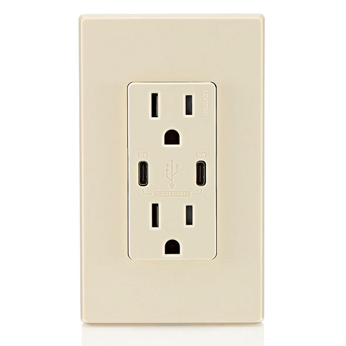 Leviton 30W USB Dual Type C/C Non-PD Wall Outlet Charger With 15A Tamper-Resistant Outlet Light Almond (T5637-T)