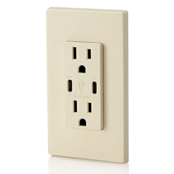 Leviton 30W USB Dual Type C/C Non-PD Wall Outlet Charger With 15A Tamper-Resistant Outlet Light Almond (T5637-T)