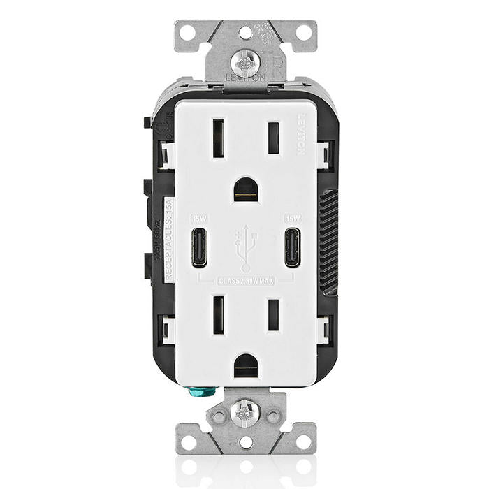 Leviton 30W USB Dual Type C/C Non-PD Wall Outlet Charger With 15A Tamper-Resistant Outlet White (T5637-W)