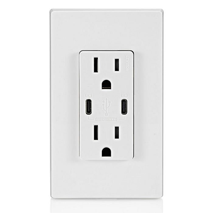 Leviton 30W USB Dual Type C/C Non-PD Wall Outlet Charger With 15A Tamper-Resistant Outlet White (T5637-W)