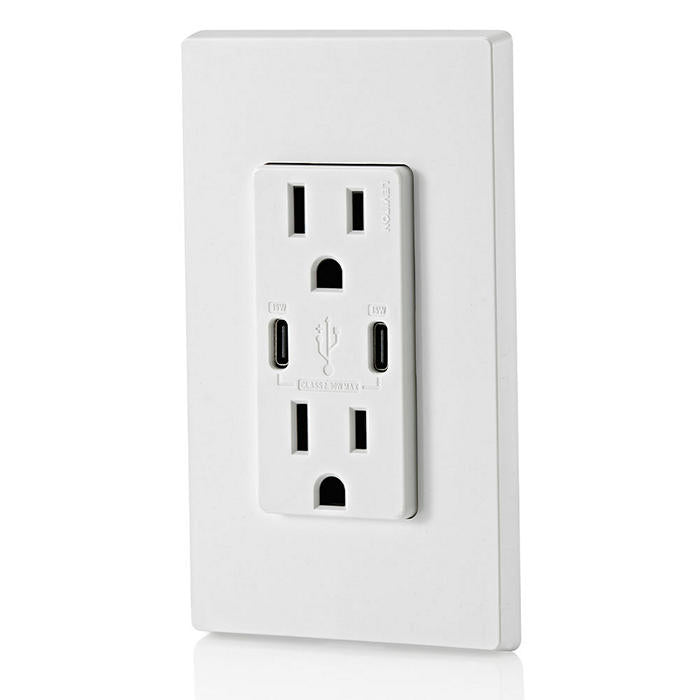 Leviton 30W USB Dual Type C/C Non-PD Wall Outlet Charger With 15A Tamper-Resistant Outlet White (T5637-W)