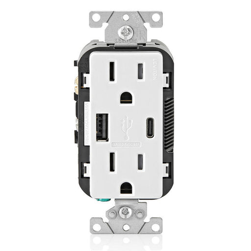 Leviton 18W USB Dual Type A/C 3.6A Wall Outlet Charger With 15A Tamper-Resistant Outlet White (T5638-20W)