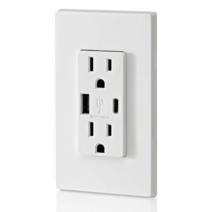 Leviton 18W USB Dual Type A/C 3.6A Wall Outlet Charger With 15A Tamper-Resistant Outlet White (T5638-20W)