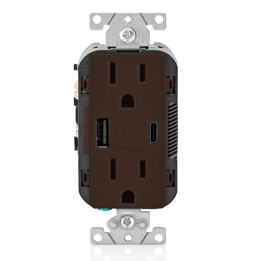 Leviton 15A 125V Decora Tamper-Resistant Outlet NEMA 5-15R 18W Type A/C USB Chargers Grounding Side Wired/Back Wired Brown (T5638-B)