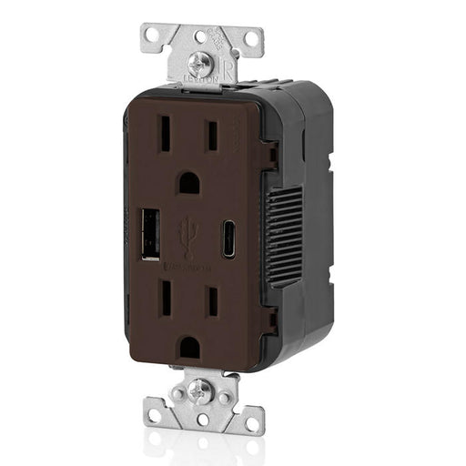 Leviton 15A 125V Decora Tamper-Resistant Outlet NEMA 5-15R 18W Type A/C USB Chargers Grounding Side Wired/Back Wired Brown (T5638-B)