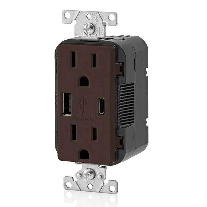 Leviton 15A 125V Decora Tamper-Resistant Outlet NEMA 5-15R 18W Type A/C USB Chargers Grounding Side Wired/Back Wired Brown (T5638-B)