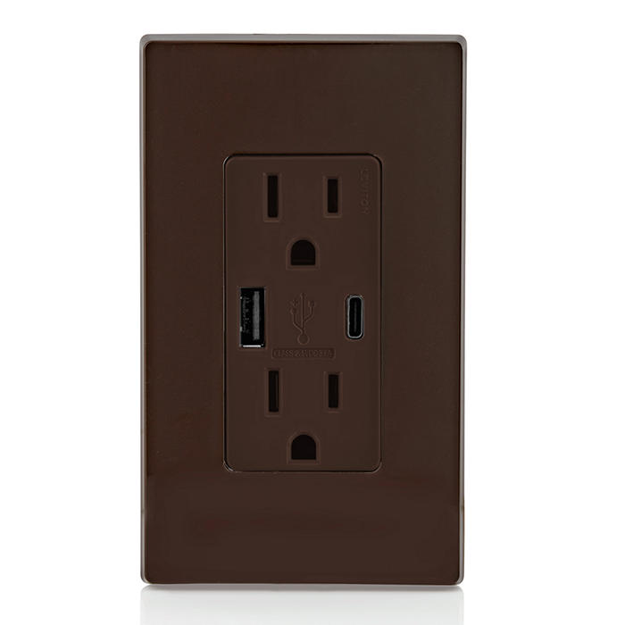 Leviton 15A 125V Decora Tamper-Resistant Outlet NEMA 5-15R 18W Type A/C USB Chargers Grounding Side Wired/Back Wired Brown (T5638-B)
