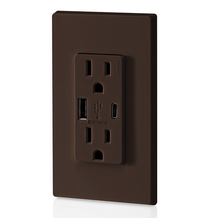 Leviton 15A 125V Decora Tamper-Resistant Outlet NEMA 5-15R 18W Type A/C USB Chargers Grounding Side Wired/Back Wired Brown (T5638-B)