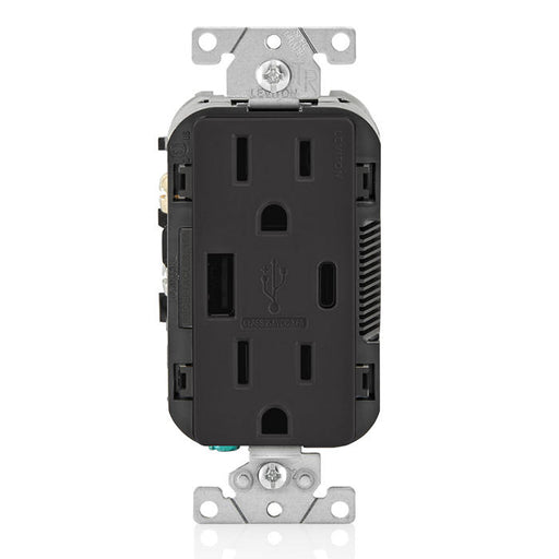 Leviton 15A 125V Decora Tamper-Resistant Outlet NEMA 5-15R 18W Type A/C USB Chargers Grounding Side Wired/Back Wired Black (T5638-E)