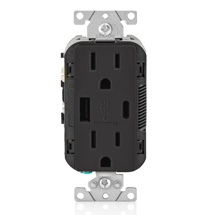 Leviton 15A 125V Decora Tamper-Resistant Outlet NEMA 5-15R 18W Type A/C USB Chargers Grounding Side Wired/Back Wired Black (T5638-E)