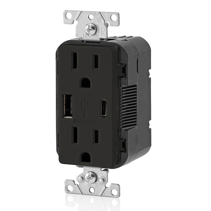 Leviton 15A 125V Decora Tamper-Resistant Outlet NEMA 5-15R 18W Type A/C USB Chargers Grounding Side Wired/Back Wired Black (T5638-E)