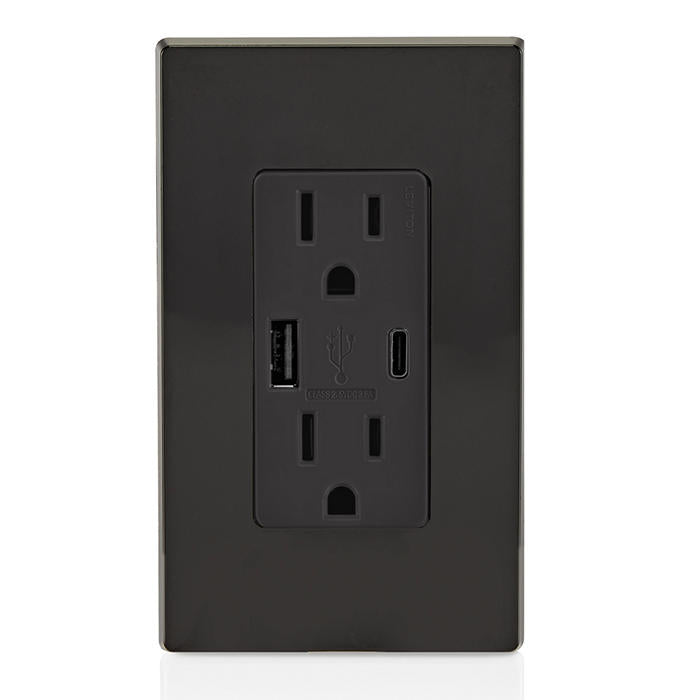Leviton 15A 125V Decora Tamper-Resistant Outlet NEMA 5-15R 18W Type A/C USB Chargers Grounding Side Wired/Back Wired Black (T5638-E)