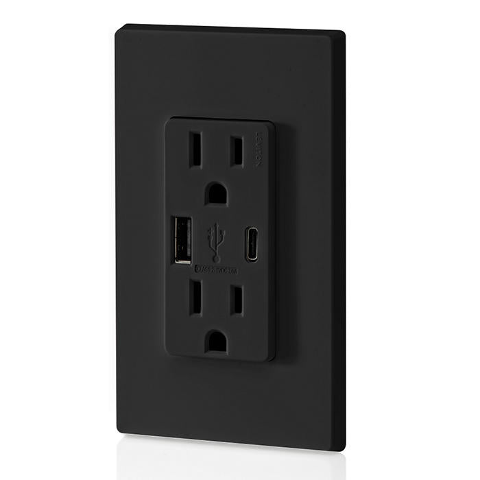 Leviton 15A 125V Decora Tamper-Resistant Outlet NEMA 5-15R 18W Type A/C USB Chargers Grounding Side Wired/Back Wired Black (T5638-E)