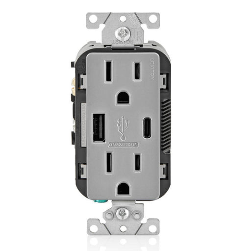 Leviton 15A 125V Decora Tamper-Resistant Outlet NEMA 5-15R 18W Type A/C USB Chargers Grounding Side Wired/Back Wired Gray (T5638-GY)