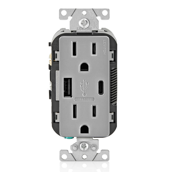 Leviton 15A 125V Decora Tamper-Resistant Outlet NEMA 5-15R 18W Type A/C USB Chargers Grounding Side Wired/Back Wired Gray (T5638-GY)