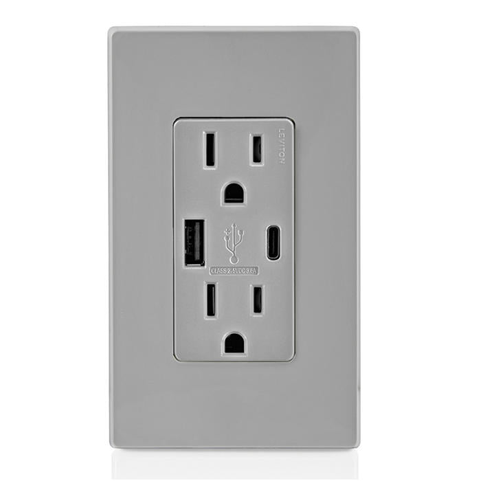 Leviton 15A 125V Decora Tamper-Resistant Outlet NEMA 5-15R 18W Type A/C USB Chargers Grounding Side Wired/Back Wired Gray (T5638-GY)