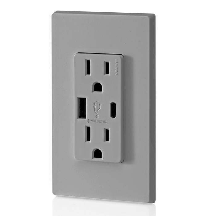 Leviton 15A 125V Decora Tamper-Resistant Outlet NEMA 5-15R 18W Type A/C USB Chargers Grounding Side Wired/Back Wired Gray (T5638-GY)