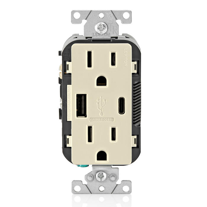 Leviton 15A 125V Decora Tamper-Resistant Outlet NEMA 5-15R 18W Type A/C USB Chargers Grounding Side Wired/Back Wired Light Almond (T5638-T)