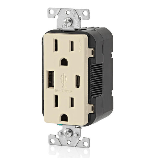 Leviton 15A 125V Decora Tamper-Resistant Outlet NEMA 5-15R 18W Type A/C USB Chargers Grounding Side Wired/Back Wired Light Almond (T5638-T)