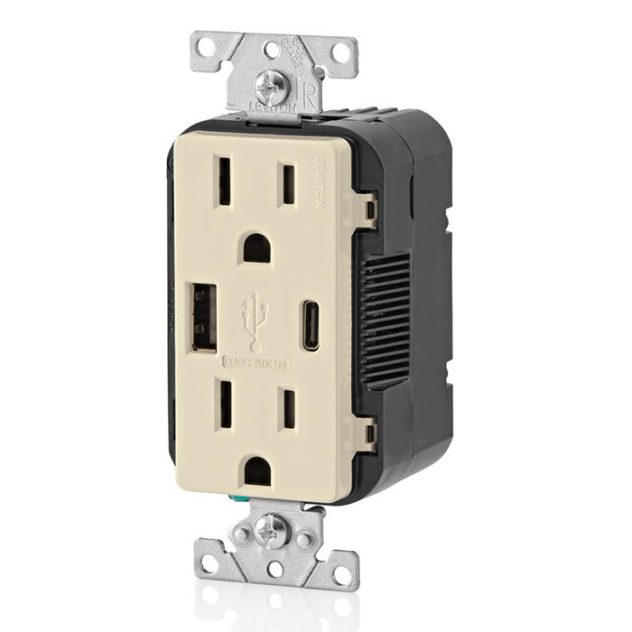 Leviton 15A 125V Decora Tamper-Resistant Outlet NEMA 5-15R 18W Type A/C USB Chargers Grounding Side Wired/Back Wired Light Almond (T5638-T)