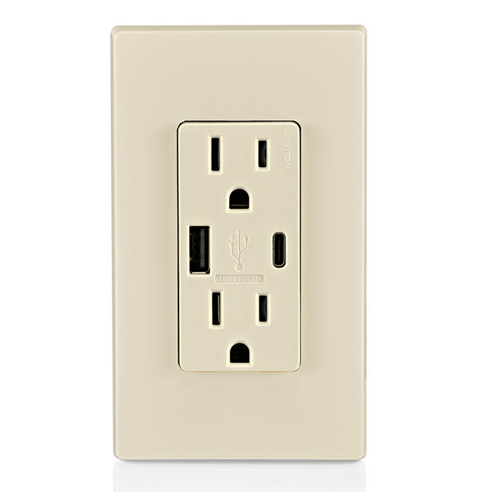 Leviton 15A 125V Decora Tamper-Resistant Outlet NEMA 5-15R 18W Type A/C USB Chargers Grounding Side Wired/Back Wired Light Almond (T5638-T)