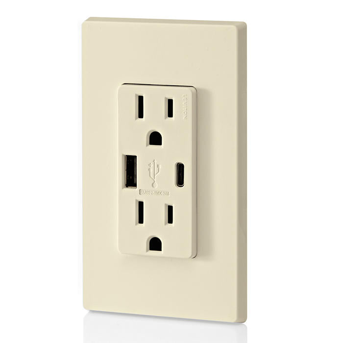 Leviton 15A 125V Decora Tamper-Resistant Outlet NEMA 5-15R 18W Type A/C USB Chargers Grounding Side Wired/Back Wired Light Almond (T5638-T)