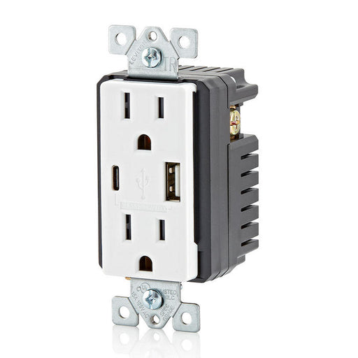 Leviton 18W USB Dual Type A/C 3.6A Wall Outlet Charger With 15A Tamper-Resistant Outlet White (T5638-W)