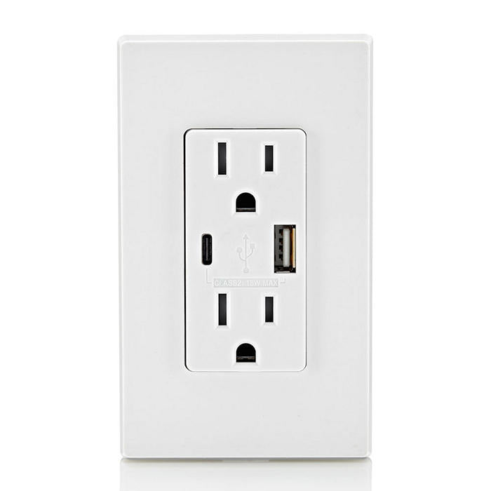 Leviton 18W USB Dual Type A/C 3.6A Wall Outlet Charger With 15A Tamper-Resistant Outlet White (T5638-W)