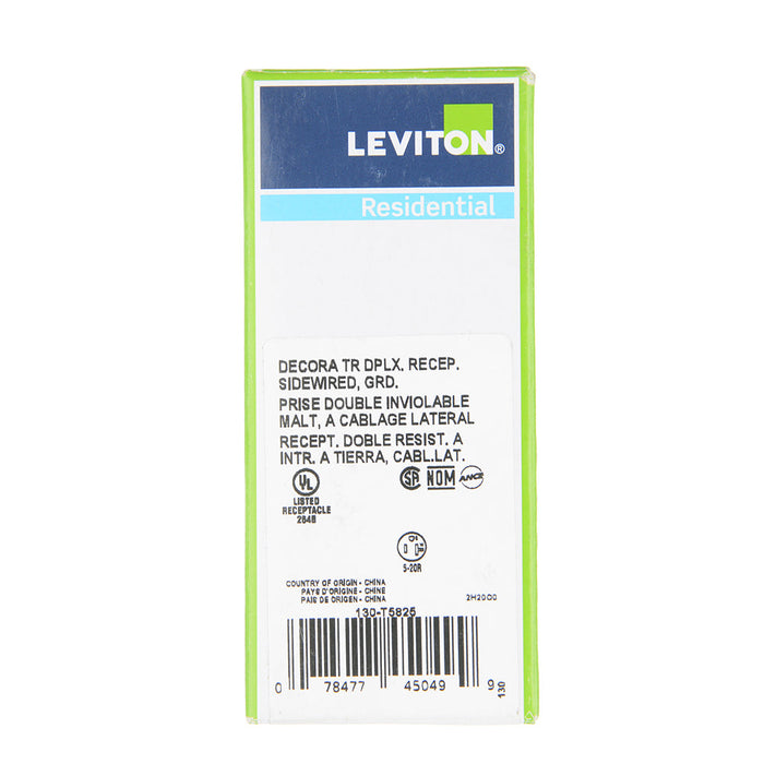 Leviton Ultrasonically Welded 20A Tamper-Resistant Decora Duplex Receptacle/Outlet Residential Grade NEMA 5-20R Side Wired Only (T5825)