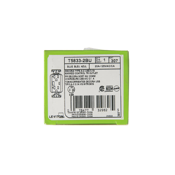 Leviton 20A Marked Controlled USB AC Receptacle Blue (T5833-2BU)