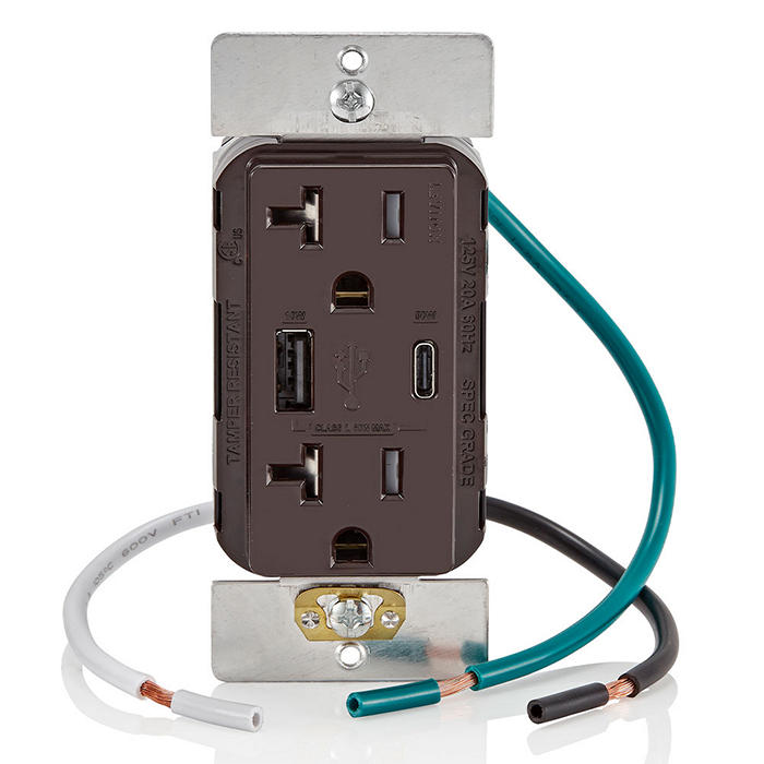 Leviton USB Dual Type A/C 60W Wall Outlet Charger With 20A Tamper-Resistant Outlet Brown (T5834-B)