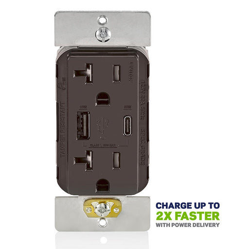 Leviton USB Dual Type A/C 60W Wall Outlet Charger With 20A Tamper-Resistant Outlet Brown (T5834-B)