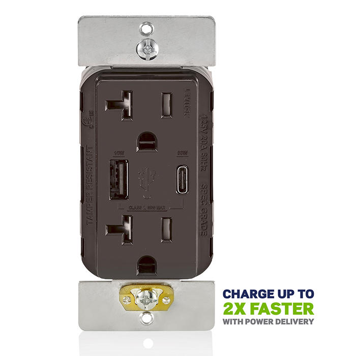Leviton USB Dual Type A/C 60W Wall Outlet Charger With 20A Tamper-Resistant Outlet Brown (T5834-B)