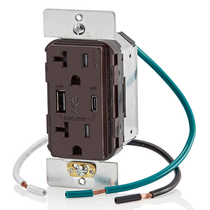 Leviton USB Dual Type A/C 60W Wall Outlet Charger With 20A Tamper-Resistant Outlet Brown (T5834-B)