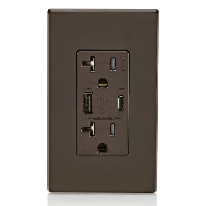 Leviton USB Dual Type A/C 60W Wall Outlet Charger With 20A Tamper-Resistant Outlet Brown (T5834-B)